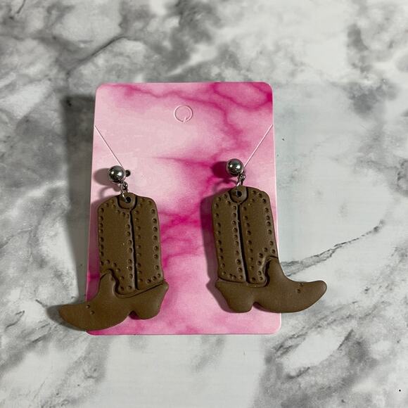 Handmade Brown Western Boots Dangle Earrings w/ Silver Embellishments - Picture 1 of 5